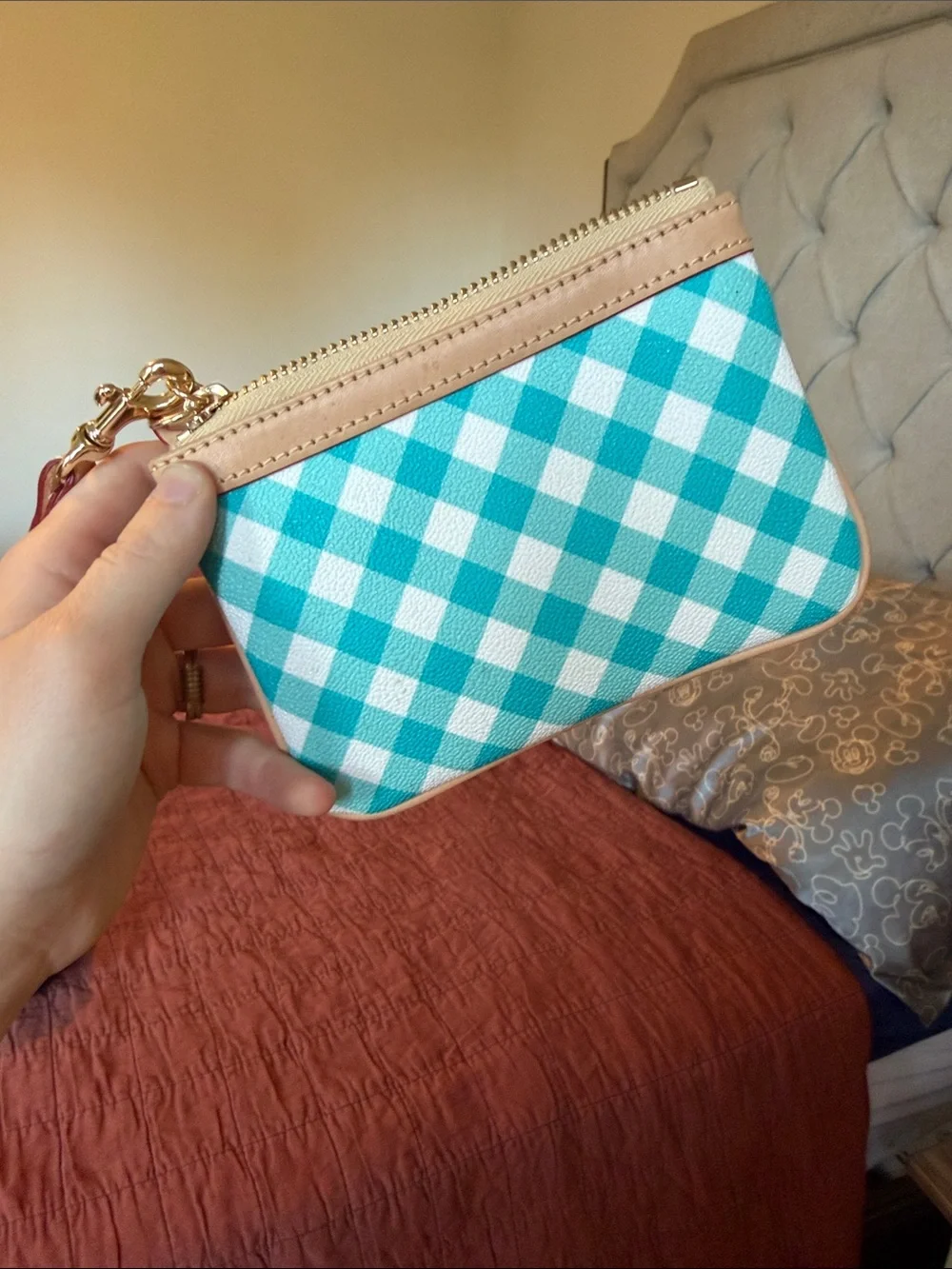 Dooney & Bourke Turquoise Gingham Wristlet with Tan Trim